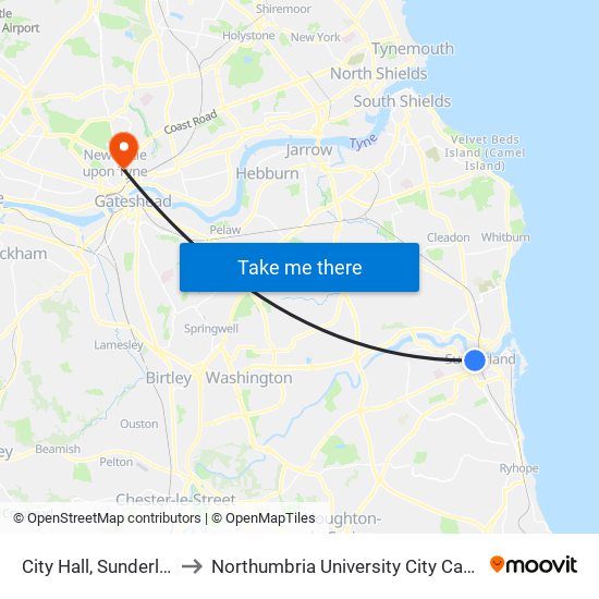 City Hall, Sunderland to Northumbria University City Campus map