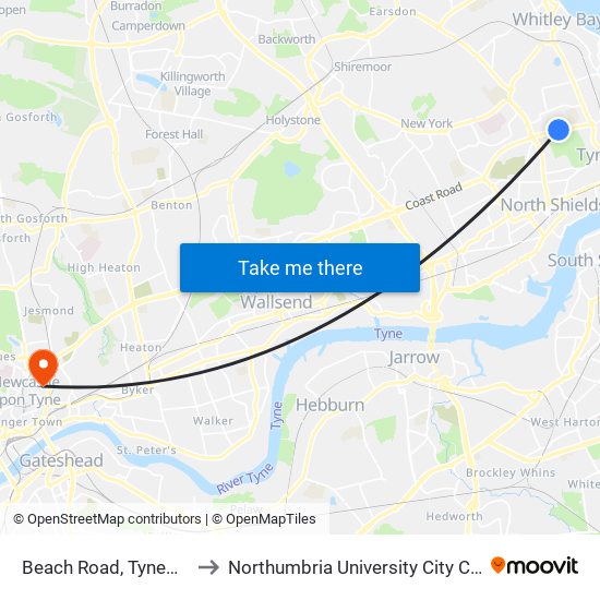 Beach Road, Tynemouth to Northumbria University City Campus map