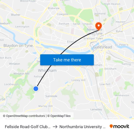 Fellside Road-Golf Club, Whickham to Northumbria University City Campus map