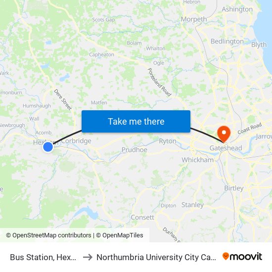 Bus Station, Hexham to Northumbria University City Campus map