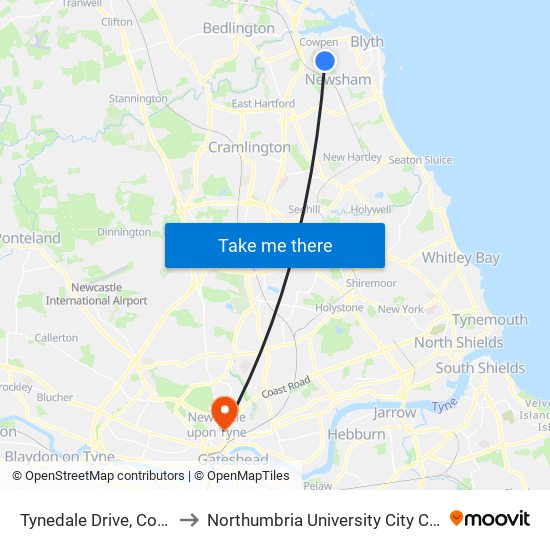 Tynedale Drive, Cowpen to Northumbria University City Campus map