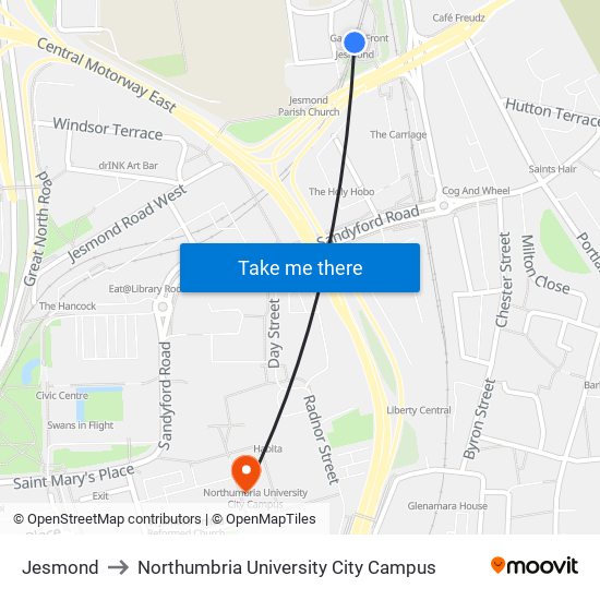 Jesmond to Northumbria University City Campus map