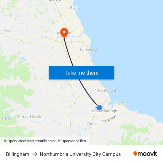 Billingham to Northumbria University City Campus map