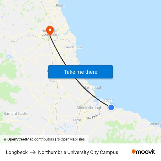 Longbeck to Northumbria University City Campus map