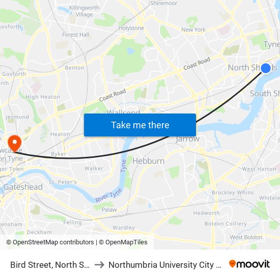 Bird Street, North Shields to Northumbria University City Campus map