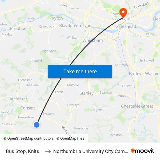 Bus Stop, Knitsley to Northumbria University City Campus map