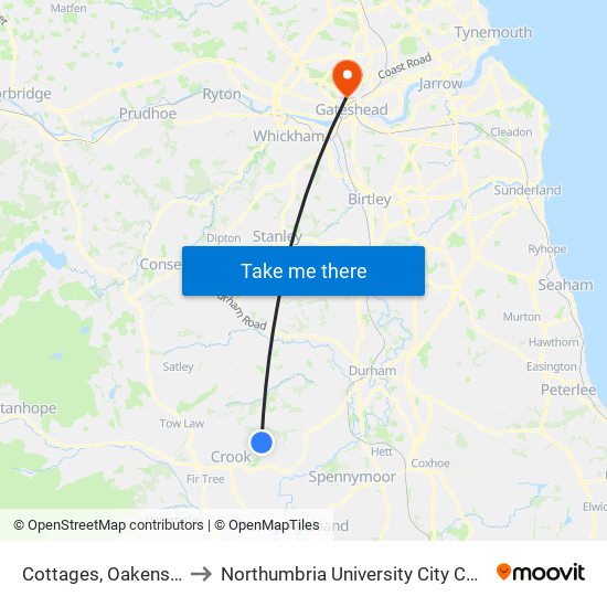 Cottages, Oakenshaw to Northumbria University City Campus map