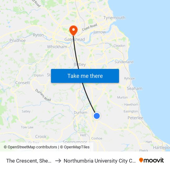 The Crescent, Sherburn to Northumbria University City Campus map