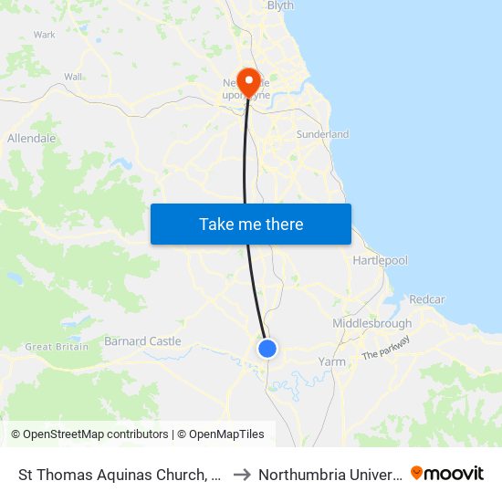 St Thomas Aquinas Church, North Road (Darlington) to Northumbria University City Campus map