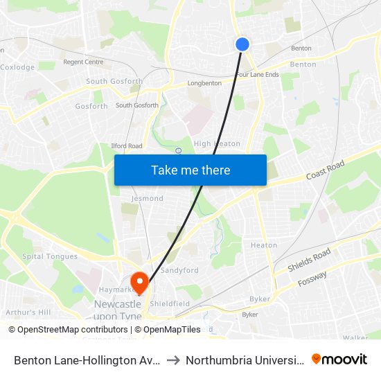 Benton Lane-Hollington Avenue, Longbenton to Northumbria University City Campus map