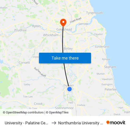 University - Palatine Centre, Durham to Northumbria University City Campus map