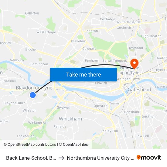 Back Lane-School, Blaydon to Northumbria University City Campus map