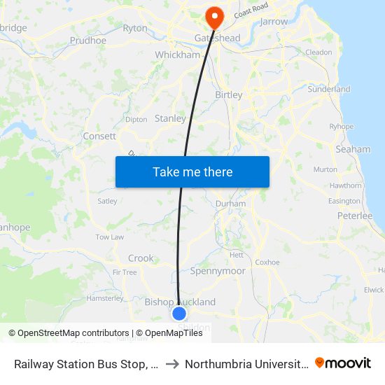 Railway Station Bus Stop, Bishop Auckland to Northumbria University City Campus map