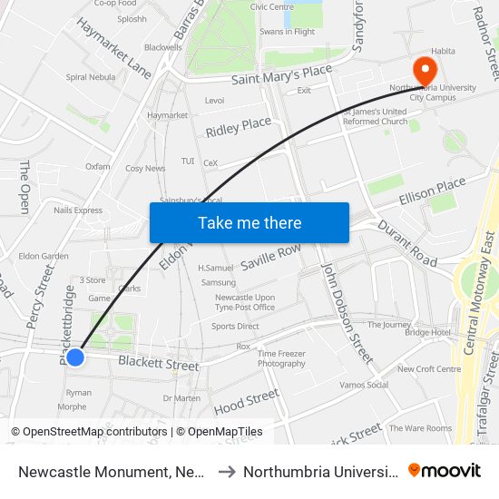 Newcastle Monument, Newcastle upon Tyne to Northumbria University City Campus map