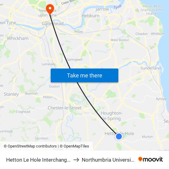 Hetton Le Hole Interchange, Hetton-Le-Hole to Northumbria University City Campus map