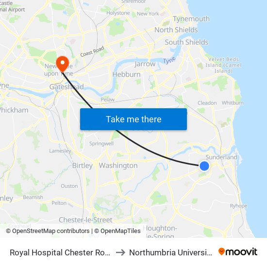 Royal Hospital Chester Road A, High Barnes to Northumbria University City Campus map