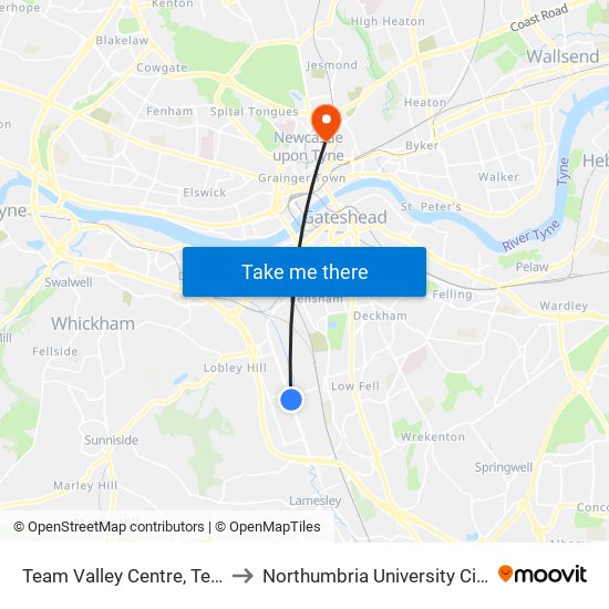 Team Valley Centre, Team Valley to Northumbria University City Campus map