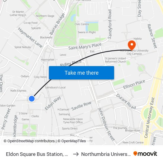 Eldon Square Bus Station, Newcastle upon Tyne to Northumbria University City Campus map