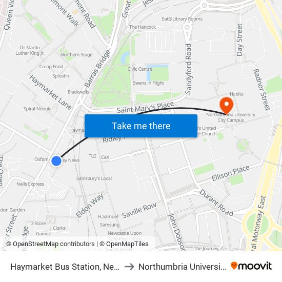 Haymarket Bus Station, Newcastle upon Tyne to Northumbria University City Campus map