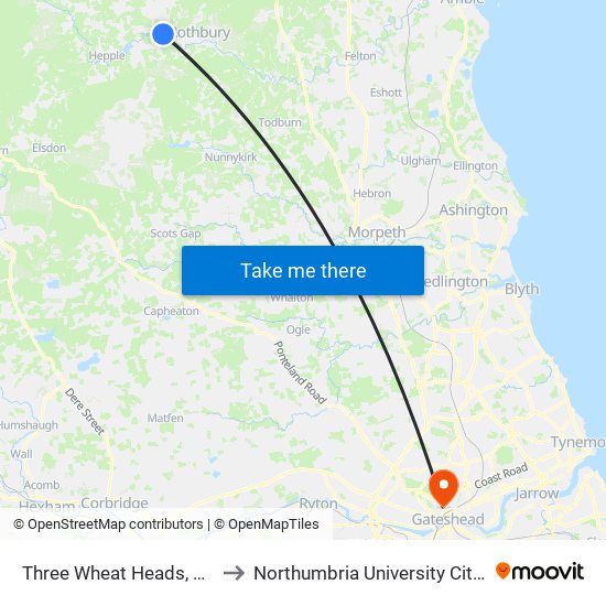 Three Wheat Heads, Thropton to Northumbria University City Campus map