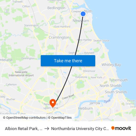 Albion Retail Park, Blyth to Northumbria University City Campus map