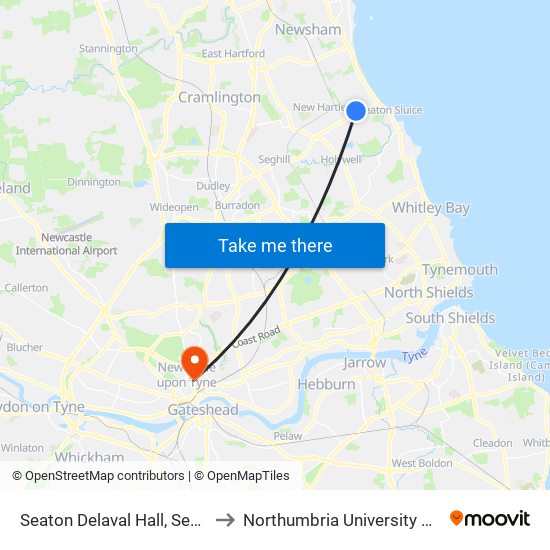 Seaton Delaval Hall, Seaton Village to Northumbria University City Campus map
