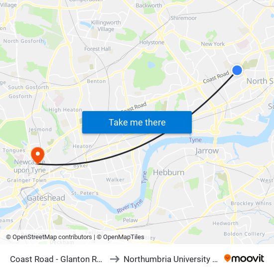 Coast Road - Glanton Road, Billy Mill to Northumbria University City Campus map