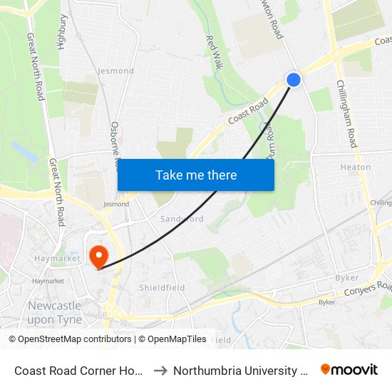 Coast Road Corner House, Heaton to Northumbria University City Campus map