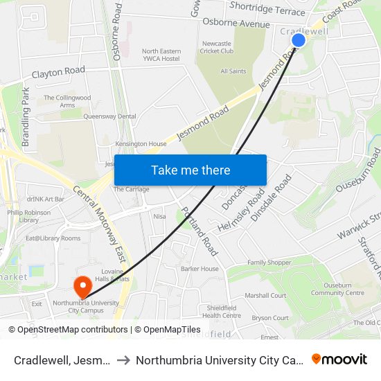 Cradlewell, Jesmond to Northumbria University City Campus map