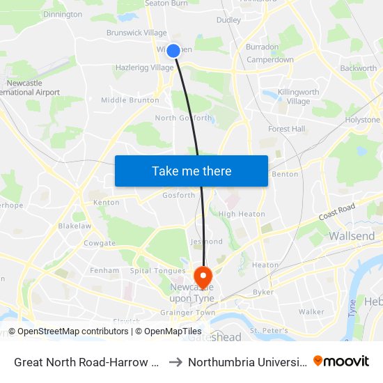Great North Road-Harrow Gardens, Wideopen to Northumbria University City Campus map