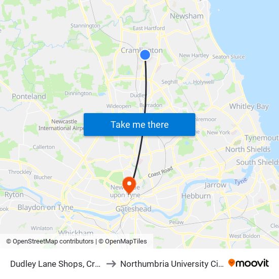 Dudley Lane Shops, Cramlington to Northumbria University City Campus map