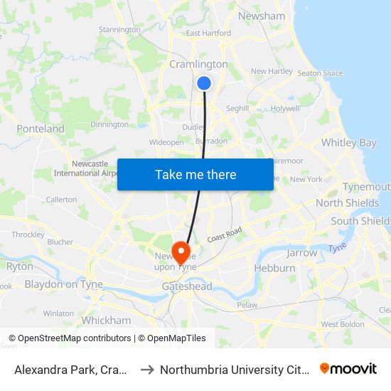 Alexandra Park, Cramlington to Northumbria University City Campus map