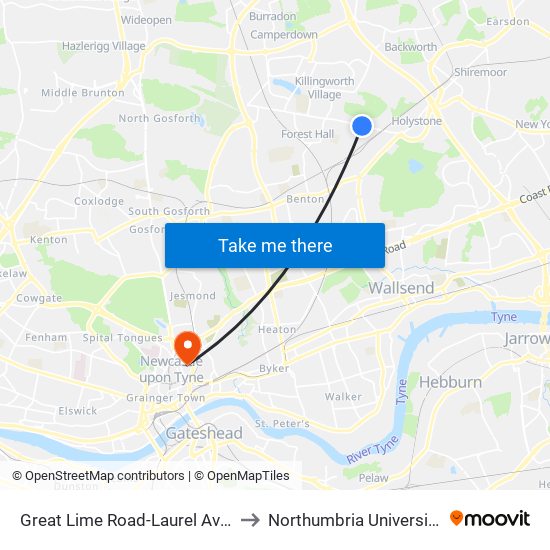 Great Lime Road-Laurel Avenue, Palmersville to Northumbria University City Campus map