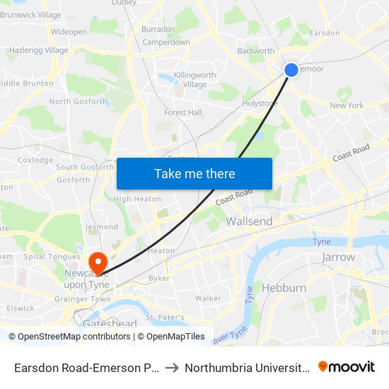 Earsdon Road-Emerson Place, Shiremoor to Northumbria University City Campus map