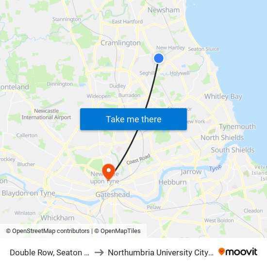 Double Row, Seaton Delaval to Northumbria University City Campus map