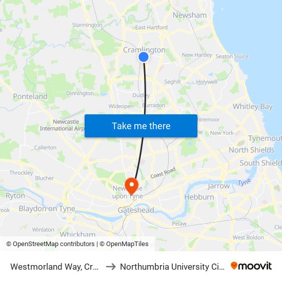 Westmorland Way, Cramlington to Northumbria University City Campus map