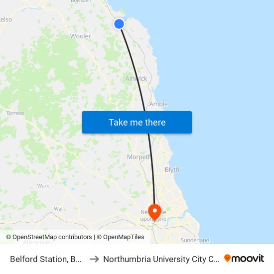Belford Station, Belford to Northumbria University City Campus map