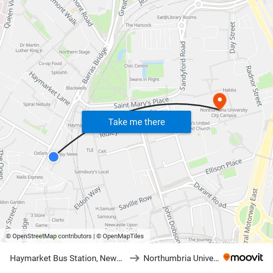 Haymarket Bus Station, Newcastle Upon Tyne (Stand P) to Northumbria University City Campus map