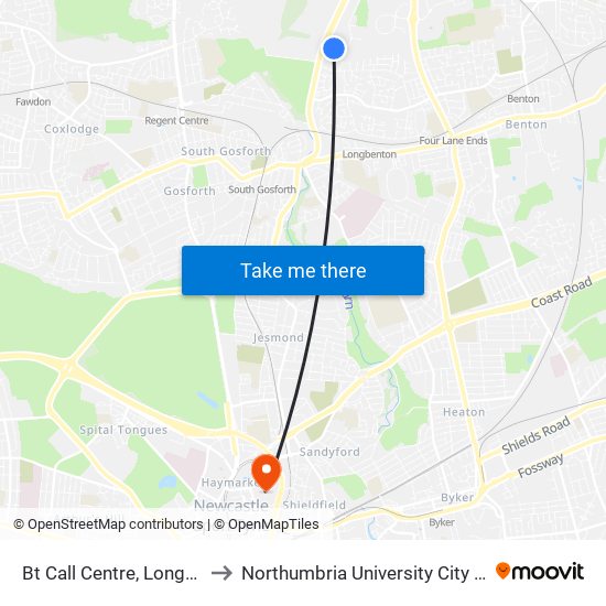 Bt Call Centre, Longbenton to Northumbria University City Campus map