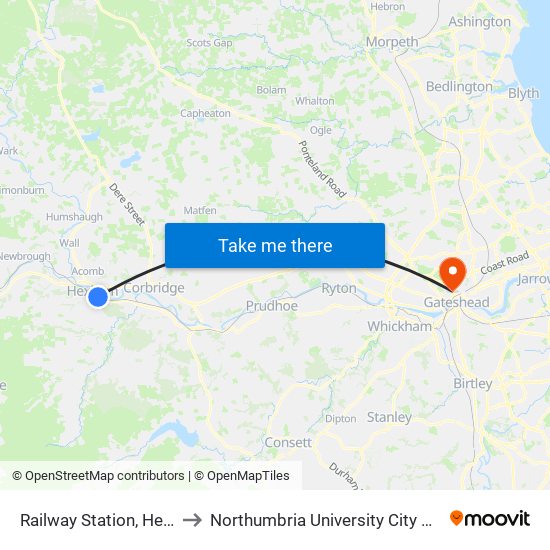 Railway Station, Hexham to Northumbria University City Campus map