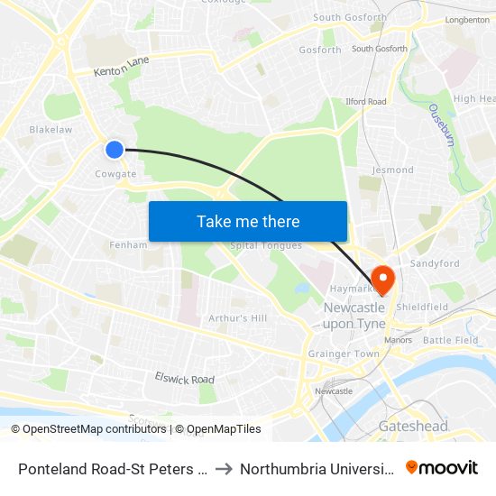 Ponteland Road-St Peters Church, Cowgate to Northumbria University City Campus map