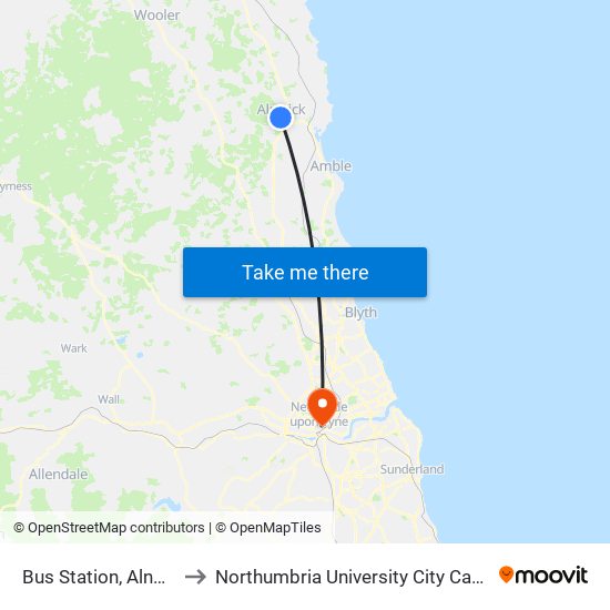Bus Station, Alnwick to Northumbria University City Campus map