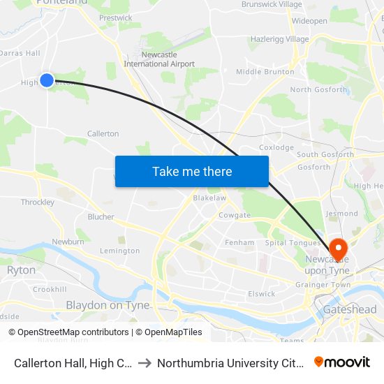 Callerton Hall, High Callerton to Northumbria University City Campus map