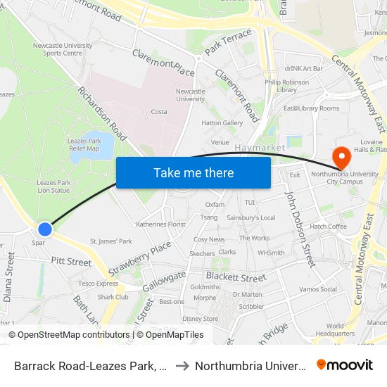Barrack Road-Leazes Park, Newcastle upon Tyne to Northumbria University City Campus map