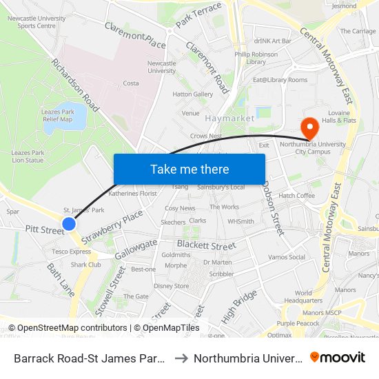 Barrack Road-St James Park, Newcastle upon Tyne to Northumbria University City Campus map