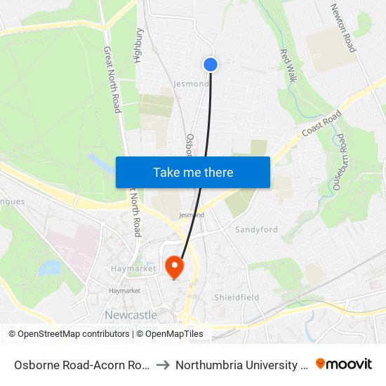 Osborne Road-Acorn Road, Jesmond to Northumbria University City Campus map