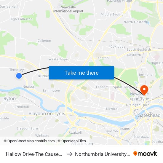 Hallow Drive-The Causeway, Throckley to Northumbria University City Campus map