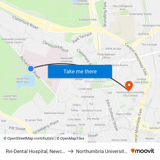 Rvi-Dental Hospital, Newcastle upon Tyne to Northumbria University City Campus map