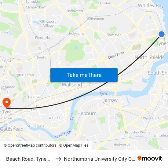 Beach Road, Tynemouth to Northumbria University City Campus map