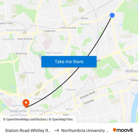 Station Road-Whitley Road, Benton to Northumbria University City Campus map